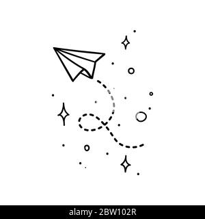 Doodle style paper plane with tracing line flying in space with stars - isolated vector illustration Stock Vector