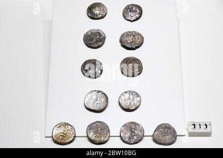 Ancient coins displayed at the National Museum of the Kingdom of Saudi Arabia in Riyadh, Middle East. Photo taken on August 9, 2017. Stock Photo