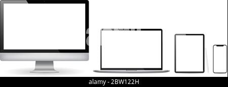 Realistic set of 2020 new design thin frame Computer monitor, laptop, tablet, smartphone - Eps 10 Vector template mock up. Stock Vector