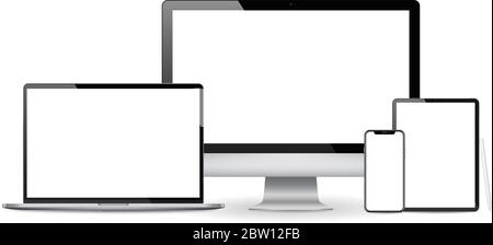 Realistic set of 2020 new design thin frame Computer monitor, laptop, tablet, smartphone - Eps 10 Vector template mock up. Stock Vector