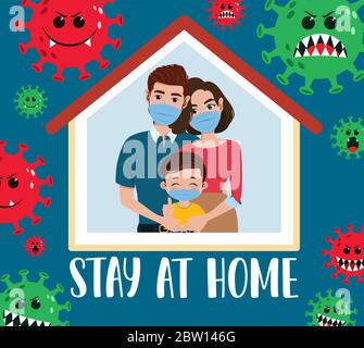 Family stay at home for covid-19 vector design. Stay at home text with quarantine family characters wearing mask for coronavirus covid-19 protection. Stock Vector