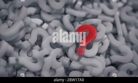 Pile of white question mark symbols, on red on top - 3D Rendering Stock Photo