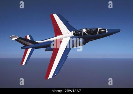 Salon-de-Provence, France, June 16, 2006. Patrouille de France Alpha Jet plane, performing during a flight in the south of France. Stock Photo