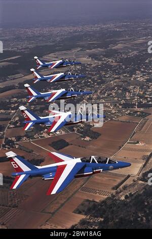 Salon-de-Provence, France, June 16, 2006. Patrouille de France Alpha Jet plane, performing during a flight in the south of France. Stock Photo