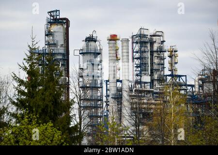 Moscow, Russia. 2nd May, 2020. Pipes of the Moscow Oil Refinery in the Chagino-Kapotnya industrial zone in Moscow, Russia. Stock Photo