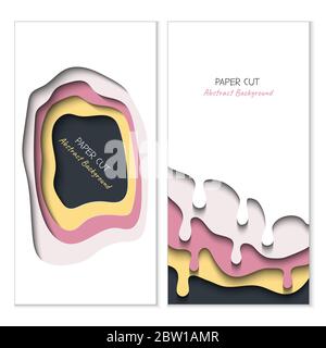 Abstract vertical vector banners in paper cut style with shadows and copy space for text. Paper art in trendy color layers, shape of waves. Realistic minmal layout template for stories, website Stock Vector