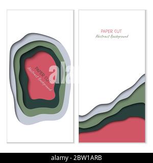 Abstract vertical vector banners in paper cut style with shadows and copy space for text. Paper art in trendy color layers, shape of waves. Realistic minmal layout template for stories, website Stock Vector