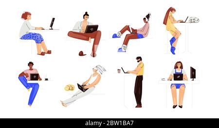 Vector set of people working on a laptop. Man and woman multiracial characters, working remotely at home collection. Remote work, home office Stock Vector