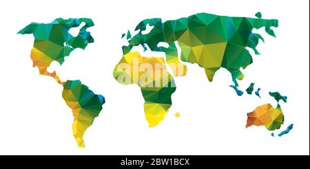 Vector polygonal world map. Low poly design with yellow and green colors. Origami planet conceptual illustratio of world map synthesis. Global Stock Vector