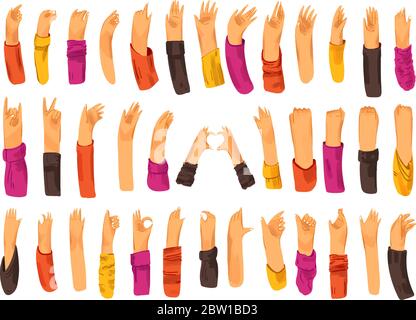 Human hand with collection of signs and hand gestures - ok, love, greetings, waving hands, phone and app control with fingers, fist up. Man and woman Stock Vector