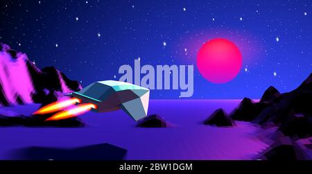 Arcade space ship flying to the sun over the blue landscape or canyon with 3D mountains, 80s style synthwave or retrowave illustration for music cover Stock Vector