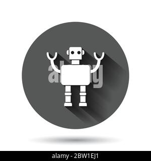 Cute robot chatbot icon in flat style. Bot operator vector illustration on black round background with long shadow effect. Smart chatbot character cir Stock Vector