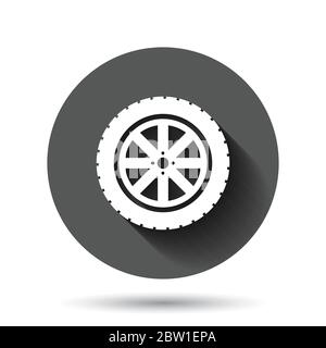 Car wheel icon in flat style. Vehicle part vector illustration on black round background with long shadow effect. Tyre circle button business concept. Stock Vector