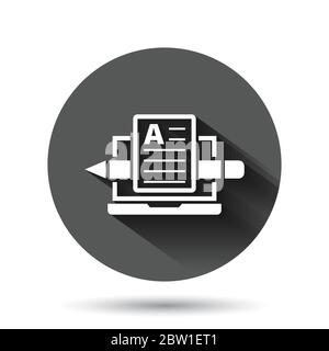 Blogging icon in flat style. Social media communication vector illustration on black round background with long shadow effect. Content circle button b Stock Vector