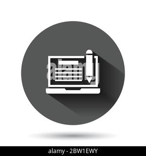 Blogging icon in flat style. Social media communication vector illustration on black round background with long shadow effect. Content circle button b Stock Vector