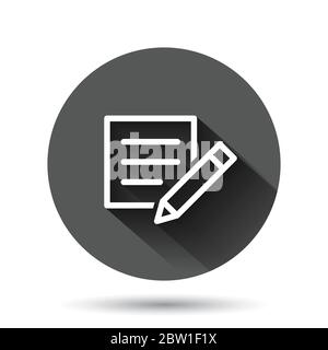 Blogging icon in flat style. Document with pen vector illustration on black round background with long shadow effect. Content circle button business c Stock Vector