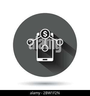 Payment services icon in flat style. Money send vector illustration on black round background with long shadow effect. Smartphone transaction circle b Stock Vector