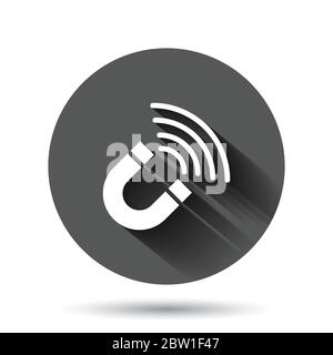 Magnet icon in flat style. Attract vector illustration on black round background with long shadow effect. Electromagnetic circle button business conce Stock Vector