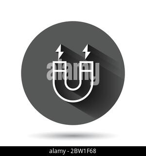 Magnet icon in flat style. Attract vector illustration on black round background with long shadow effect. Electromagnetic circle button business conce Stock Vector
