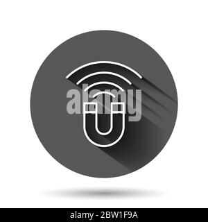 Magnet icon in flat style. Attract vector illustration on black round background with long shadow effect. Electromagnetic circle button business conce Stock Vector