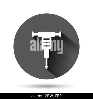Jackhammer icon in flat style. Demolish vector illustration on black round background with long shadow effect. Destroy circle button business concept. Stock Vector