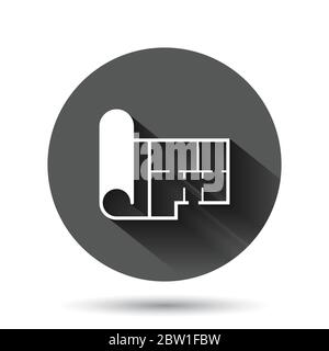 Room plan icon in flat style. Blueprint vector illustration on black round background with long shadow effect. House project circle button business co Stock Vector