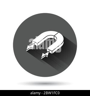 Magnet icon in flat style. Attract vector illustration on black round background with long shadow effect. Electromagnetic circle button business conce Stock Vector