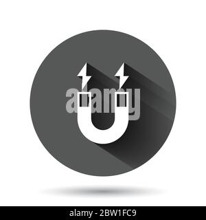 Magnet icon in flat style. Attract vector illustration on black round background with long shadow effect. Electromagnetic circle button business conce Stock Vector