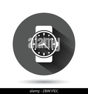 Wrist watch icon in flat style. Hand clock vector illustration on black round background with long shadow effect. Time bracelet circle button business Stock Vector