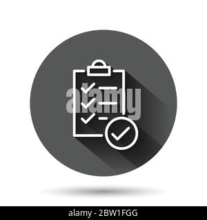 To do list icon in flat style. Document checklist vector illustration on black round background with long shadow effect. Notepad check mark circle but Stock Vector
