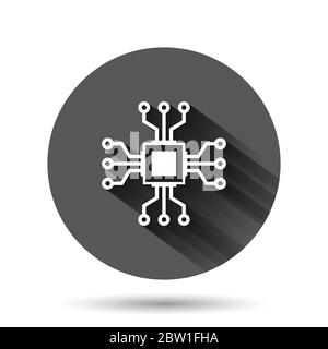 Computer chip icon in flat style. Circuit board vector illustration on black round background with long shadow effect. Cpu processor circle button bus Stock Vector