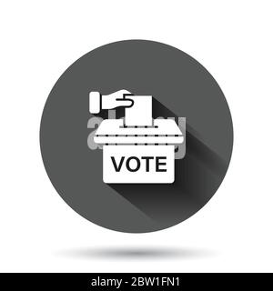 Vote icon in flat style. Ballot box vector illustration on black round background with long shadow effect. Election circle button business concept. Stock Vector