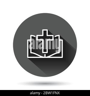 Bible book icon in flat style. Church faith vector illustration on black round background with long shadow effect. Spirituality circle button business Stock Vector