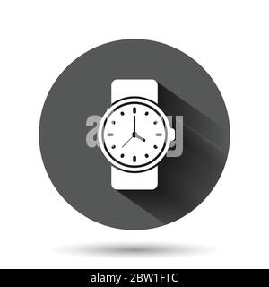 Wrist watch icon in flat style. Hand clock vector illustration on black round background with long shadow effect. Time bracelet circle button business Stock Vector