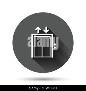 Elevator icon in flat style. Lift vector illustration on black round background with long shadow effect. Passenger transportation circle button busine Stock Vector