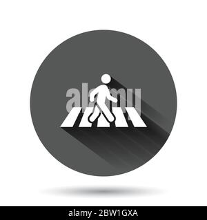 Pedestrian crosswalk icon in flat style. People walkway sign vector illustration on black round background with long shadow effect. Navigation circle Stock Vector