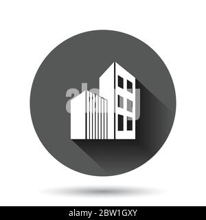 Building icon in flat style. Skyscraper vector illustration on black round background with long shadow effect. Architecture circle button business con Stock Vector