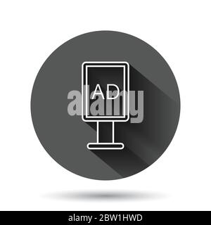 Billboard icon in flat style. Citylight display vector illustration on black round background with long shadow effect. Banner placard circle button bu Stock Vector