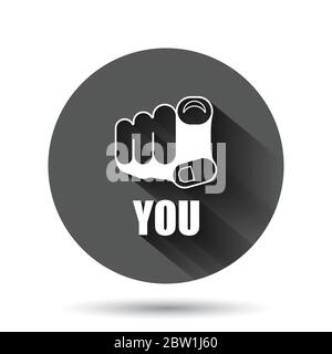 Finger point icon in flat style. Hand gesture vector illustration on black round background with long shadow effect. You forward circle button busines Stock Vector