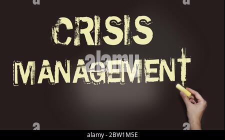 Crisis Management word on a black chalk Board, hand with chalk. Pale yellow text on blackboard. Risk management business concept Stock Photo