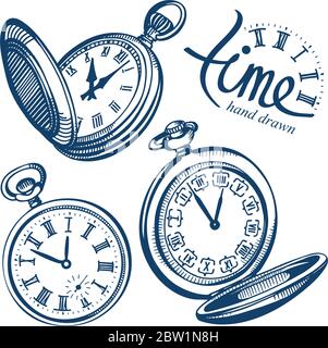 Pocket watch. Hand drawn pocket watch vector illustrations set. Sketch drawing old clock icons set. Stock Vector