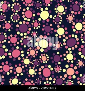 Small circles around large circles - cute doodle seamless pattern. Uneven, crooked circles like a flowers or childish pattern.  Purple, pink, yellow. Stock Vector