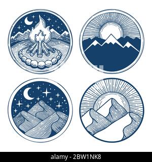 Nature. Hand drawn engraving style nature vector illustrations set. Night in mountains, moon and stars, sunrise and sunset sketch drawing badges. Stock Vector