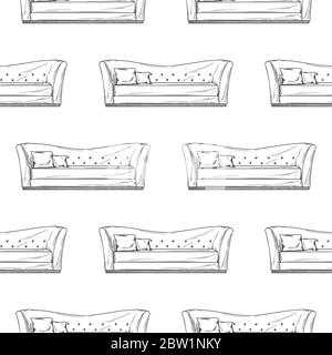 Seamless pattern. Sofa, ottoman on a white background. Vector illustration in sketch style. Stock Vector