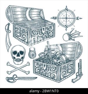Treasure. Pirate treasure chest and different attributes illustrations set. Pirate symbolic vintage style drawing. Part of set. Stock Vector