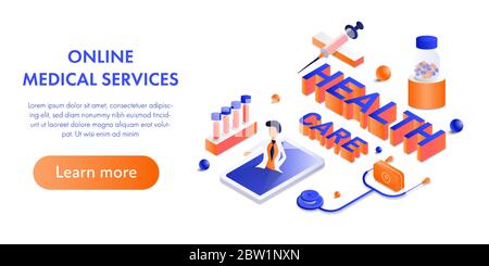 Concept online medical service in isometric design with doctor on the smartphone surround with various medical equipment. Stock Vector
