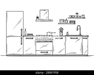 Hand drawn kitchen furniture. Vector illustration in sketch style. Stock Vector