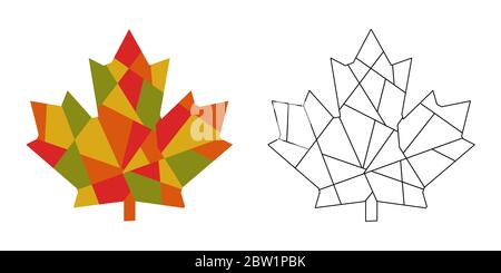 Maple leaf - mosaic set 2 in 1. Isolate leaves from pieces of triangles, polygons and outline option. Autumn colors - red, green, yellow, orange. Stock Vector