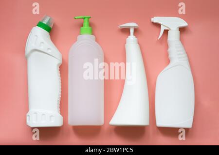 4 types of plastic bottles for household chemicals. Stock Photo