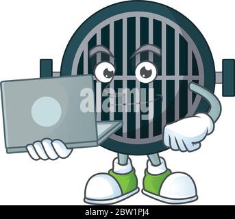 Diligent grill cartoon drawing concept working from home with laptop. Vector illustration Stock Vector